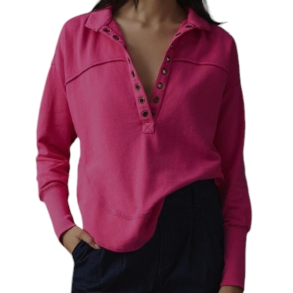 Pilcro by Anthropologie Spliced Henley Longsleeve Neon Pink Glow Top, Size M - Picture 1 of 15